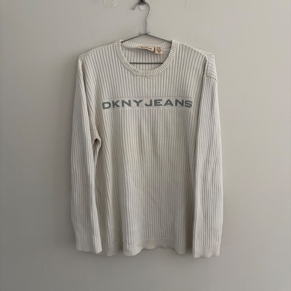 DKNY Jeans Womens XXL Ribbed Long Sleeve Knit Sweater Cream Logo
